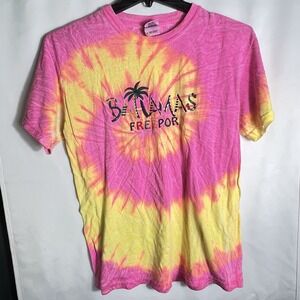 Bahamas Freeport Tie‎ Dye T-Shirt Pink Yellow Embroidered Palm Tree Souvenir M